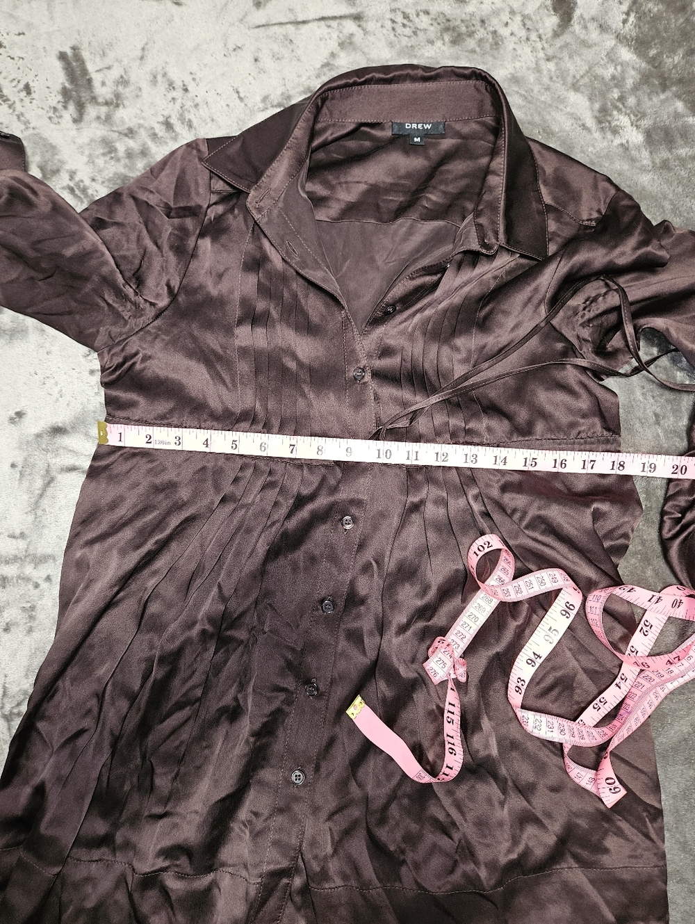 DREW 100% Silk Chocolate Brown Pintuck Pleated Tie-Waist Shirt Dress Parisian Md - Picture 7 of 8
